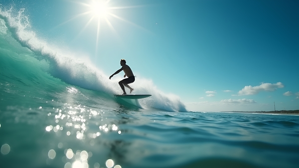 A man skillfully surfing large ocean waves under bright blue daytime sky