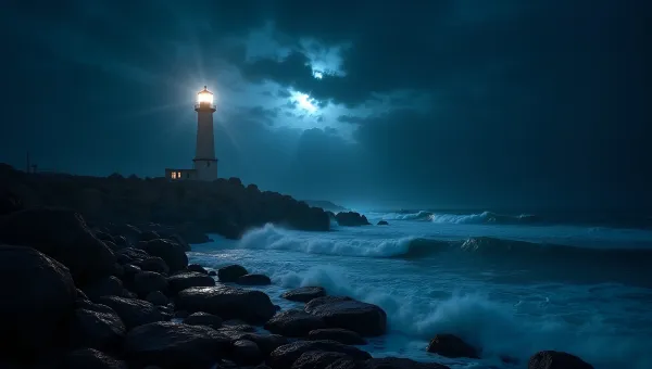 Lighthouse on Rocky Coast Shining Bright Light
