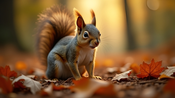 Close-up of a lively squirrel perched on rich brown soil with autumn leaves and small twigs under natural daylight