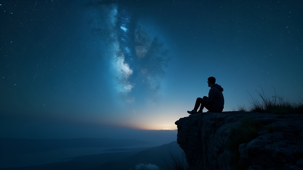 Lone Figure on Cliff Under Starry Night Sky