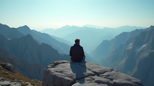 A lone individual seated on a gray rock gazing thoughtfully across a vast rugged mountain landscape under a clear sky