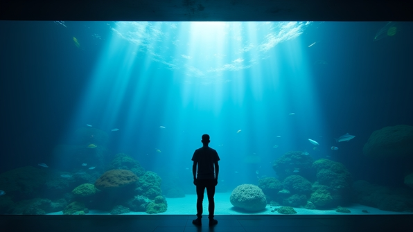 Silhouette of a lone man standing inside a massive aquarium filled with colorful fish and coral under soft blue underwater light