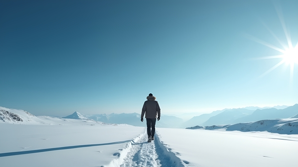 Lone Man Walking Across Snowy Field