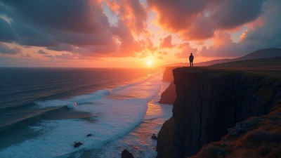 Lone Person On Rugged Cliff At Sunset
