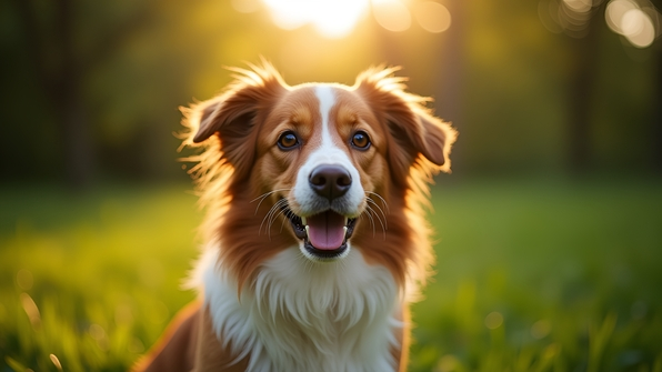 Close-up shallow focus photo of a long-coated brown and white dog with soft fur and expressive eyes in a natural setting