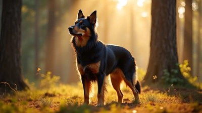 Long-Coated Dog Standing in Sunlit Forest Clearing