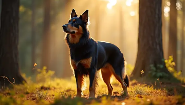 Long-Coated Dog Standing in Sunlit Forest Clearing