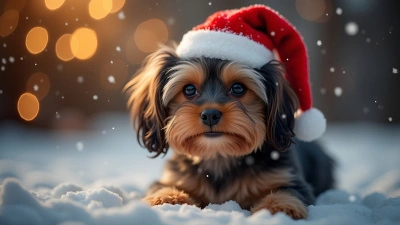 Long-Haired Dog Wearing Red Santa Hat