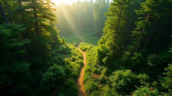 A vibrant bird's-eye view of a lush dense forest with winding trails and green foliage under bright sunlight