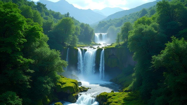 Lush green forest with cascading waterfalls and moss-covered rocks under a clear blue sky