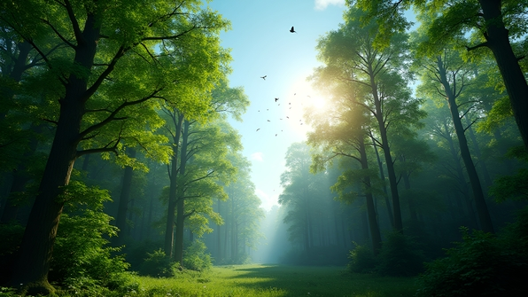 Lush green forest with tall trees under a bright blue sky with sunlight filtering through leaves