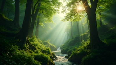 Lush Green Forest With Tall Trees And Sun Rays