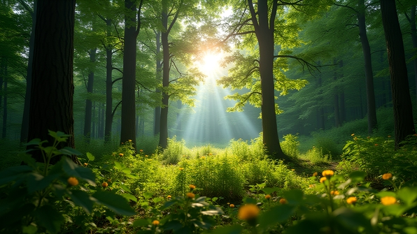 Lush green forest with tall trees under bright sunlight showcasing dense foliage and natural woodland scenery