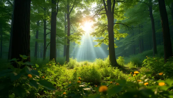 Lush Green Forest With Tall Trees In Sunlight