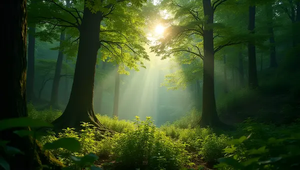 Lush Green Forest With Towering Trees