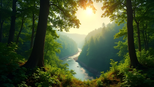 Lush Green Forest With Towering Trees And Sun Rays