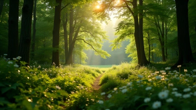 Lush Green Forest Trees With Sunlight