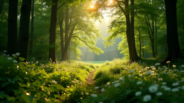 Bright sunlight filters through lush green forest trees casting dappled shadows on vibrant undergrowth