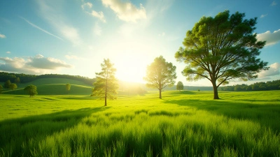 Lush Green Grass Field With Tall Brown Trees