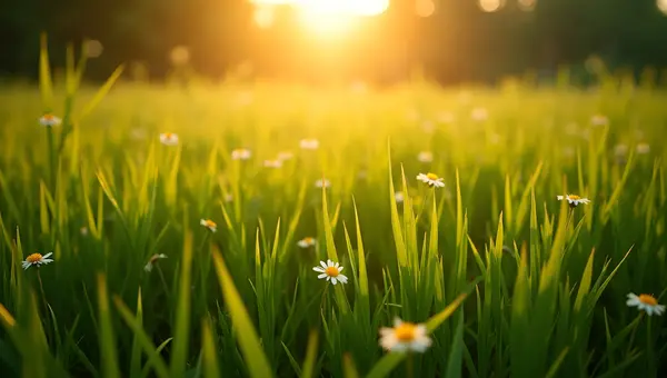 Lush Green Grass in Golden Hour Light