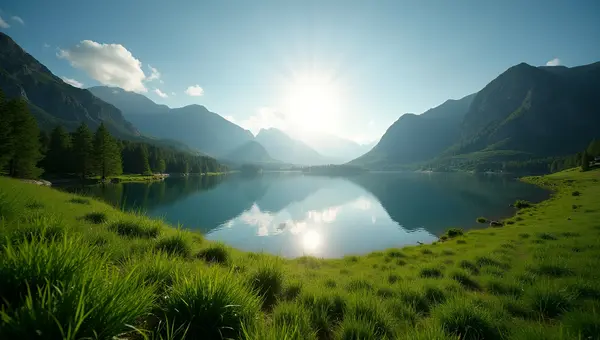 Lush Green Grass Slopes Toward Serene Lake
