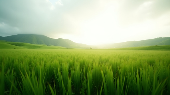 Lush green grasses gently swaying beneath a bright overcast white sky in a peaceful natural landscape