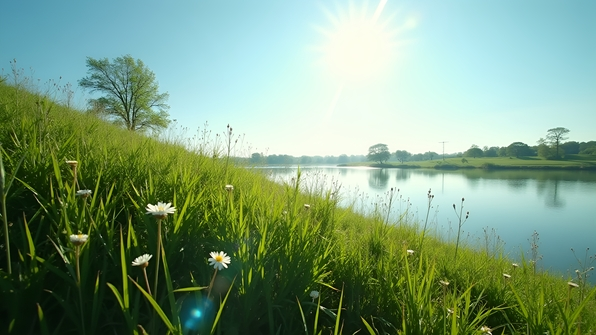 Lush green hill with wildflowers gently sloping toward calm reflective water under clear blue sky