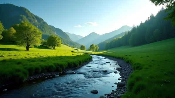 Lush green hills and gently flowing water stream under a bright blue sky