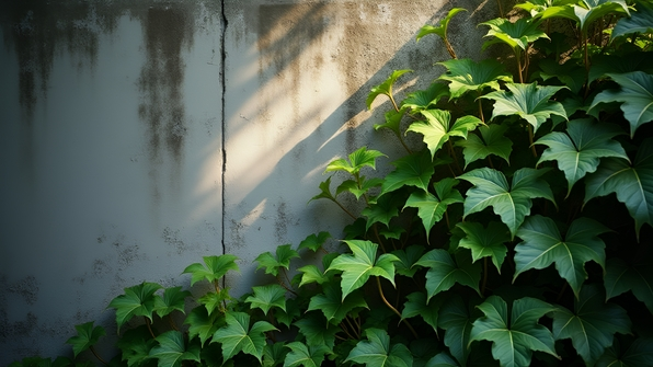 Lush green ivy cascading elegantly on a textured gray concrete wall in soft daylight