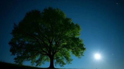Lush Green Leaf Tree Against Starry Night Sky
