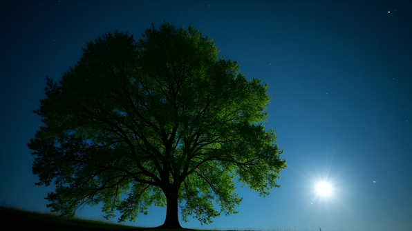 Lush green leaf tree silhouetted against a deep starry night sky with sparkling stars and subtle moonlight