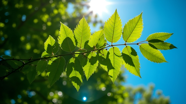 Lush green-leafed tree against a clear blue sky with vibrant foliage and sunlight filtering through
