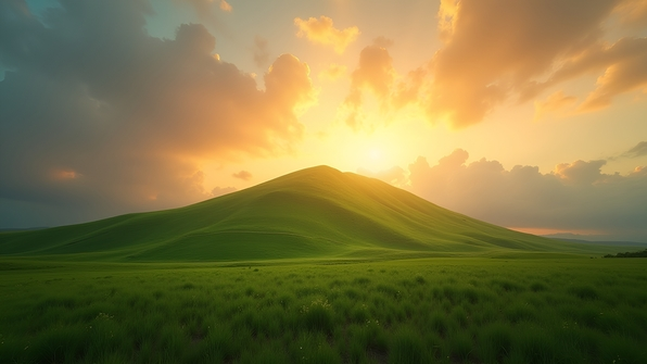 A lush green mountain bathed in warm golden sunset light with a colorful sky and soft clouds in the background