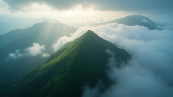 A lush green mountain covered in thick, swirling fog with misty clouds above a dense forested landscape