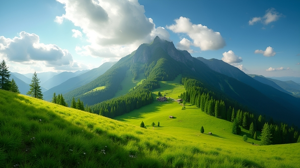 Lush green mountain landscape under a clear blue sky with scattered white clouds and sunlit grassy meadows