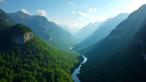 Lush green mountain range densely covered with trees under a clear blue sky