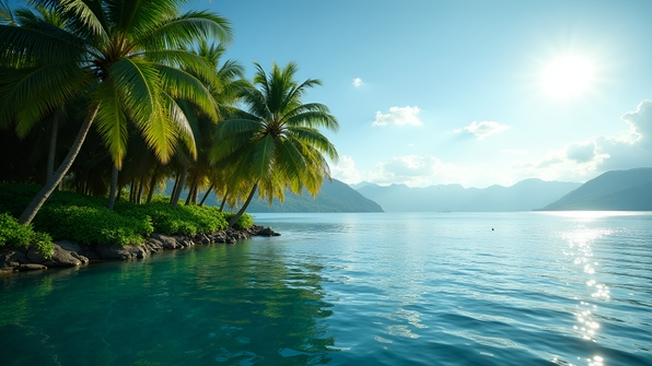 Lush green palm trees swaying beside a calm blue lake under bright daytime sunlight