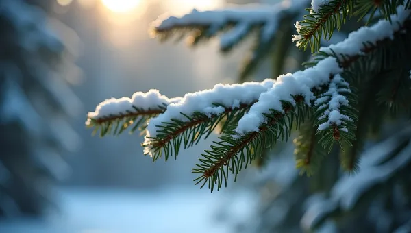 Lush Green Pine Branch Covered In Snow