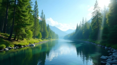Lush Green Pine Trees Along Calm Riverbank