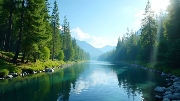 Lush green pine trees along a calm riverbank under bright daylight with clear blue sky and gentle water reflections