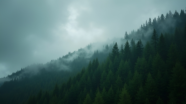 Lush Green Pine Trees on Hillside Under Overcast Sky