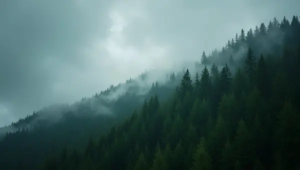 Lush Green Pine Trees on Hillside Under Overcast Sky