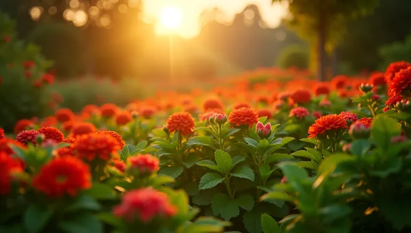 Lush Green Plants With Vibrant Red Flowers In Garden
