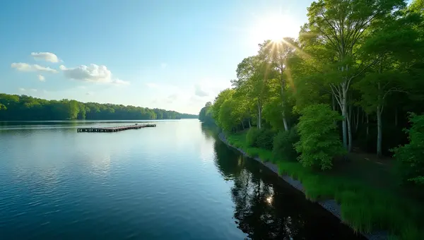 Lush Green Trees Along Calm Lake Shore