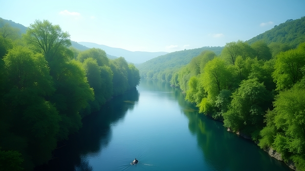 Lush green trees densely lining the banks of a calm river reflecting under a clear blue sky