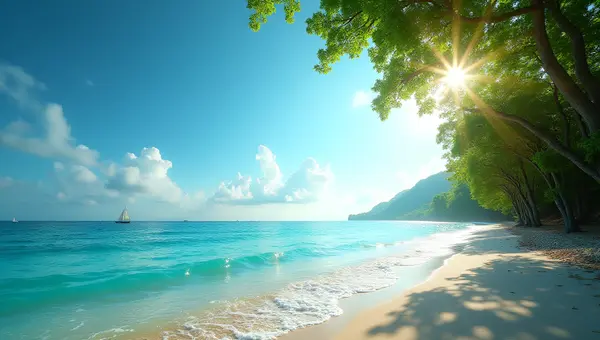 Lush Green Trees Along Vibrant Blue Sea Shore