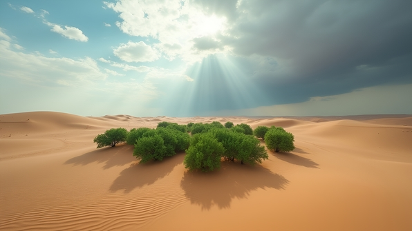 Lush green trees clustered in the center of a vast sandy desert under scattered white and gray clouds