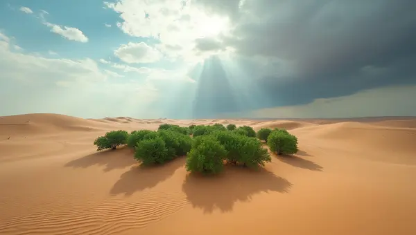 Lush Green Trees Amid Vast Sandy Desert