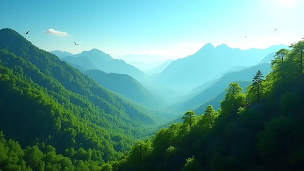 A high-angle daytime view of lush green trees covering mountain slopes under a clear sky