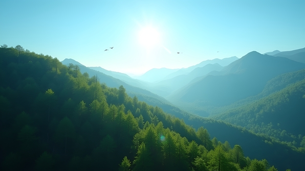 Lush green trees densely covering a sunlit mountain slope under a clear blue sky